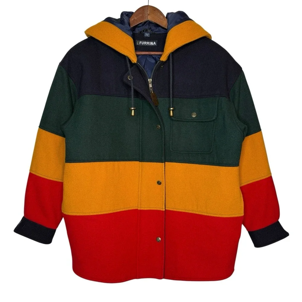 Vintage 90s Bebe Furrina‎ Jacket Mens S Wool Primary Color Block Outerwear